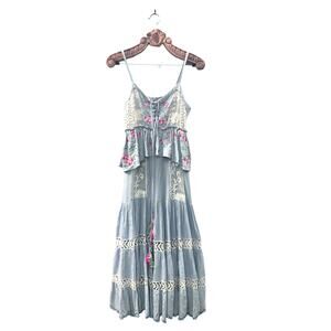 Hemant Nandita Dress Lodhi Maxi Tiered Embroidered Tassel Tie Pale Blue S NWT